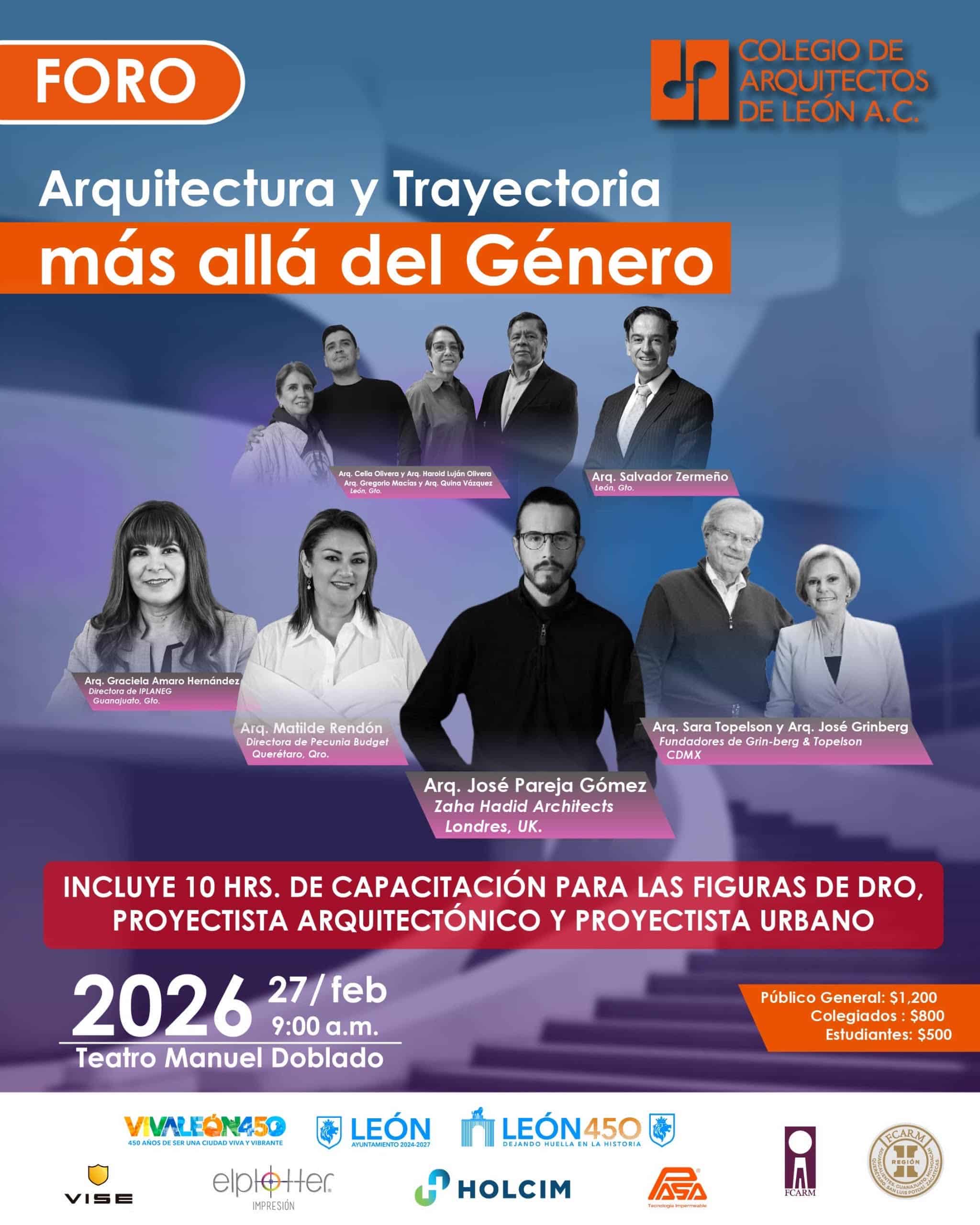 Imagen de arquitectos y urbanistas en conferencia sobre tendencias y proyectos innovadores en León, México.